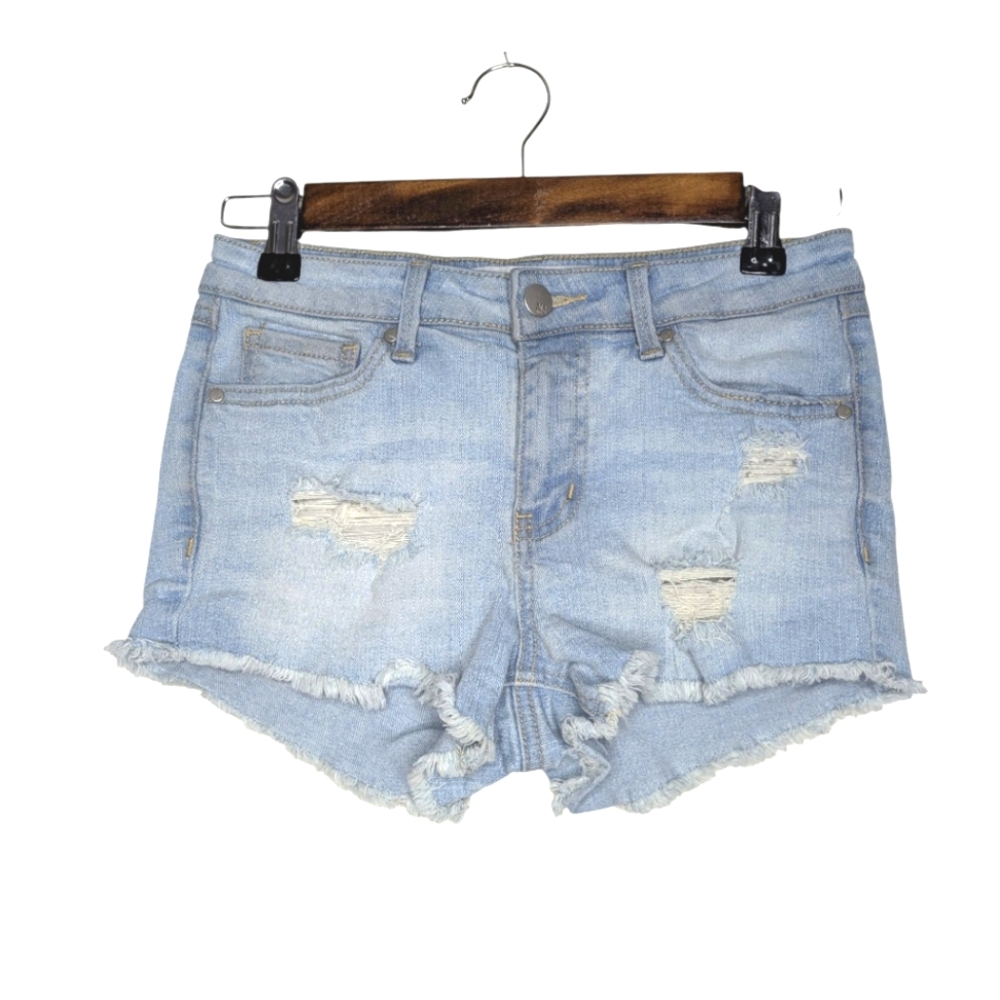RSQ Women Venice Mid Rise Light Wash Blue Distressed Jean Shorts Size 1 Waist 25